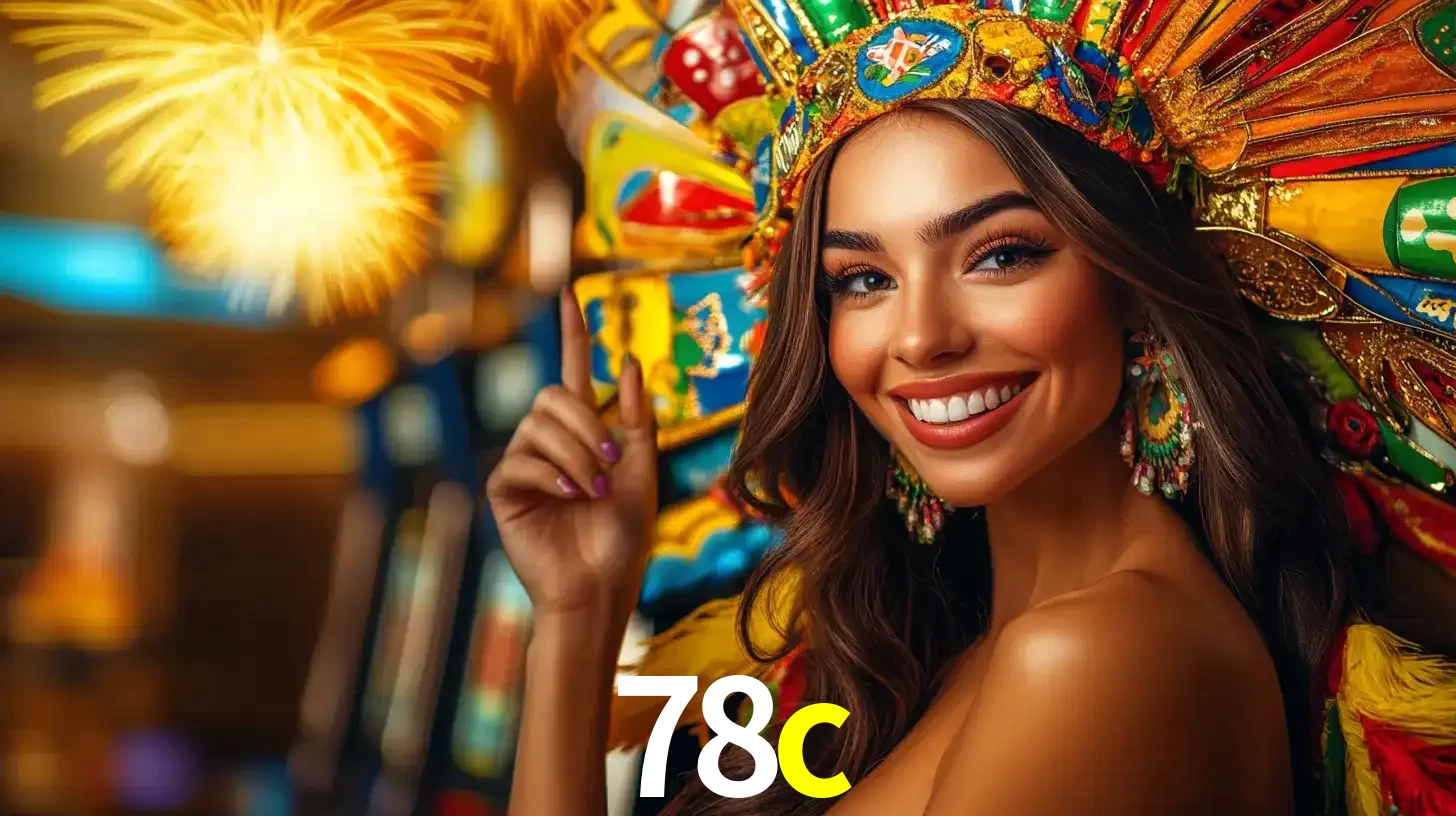 Mulher sorridente com um cocar de carnaval vibrante e colorido, celebrando uma grande vitória nos jogos do cassino 78c com fogos de artifício ao fundo.