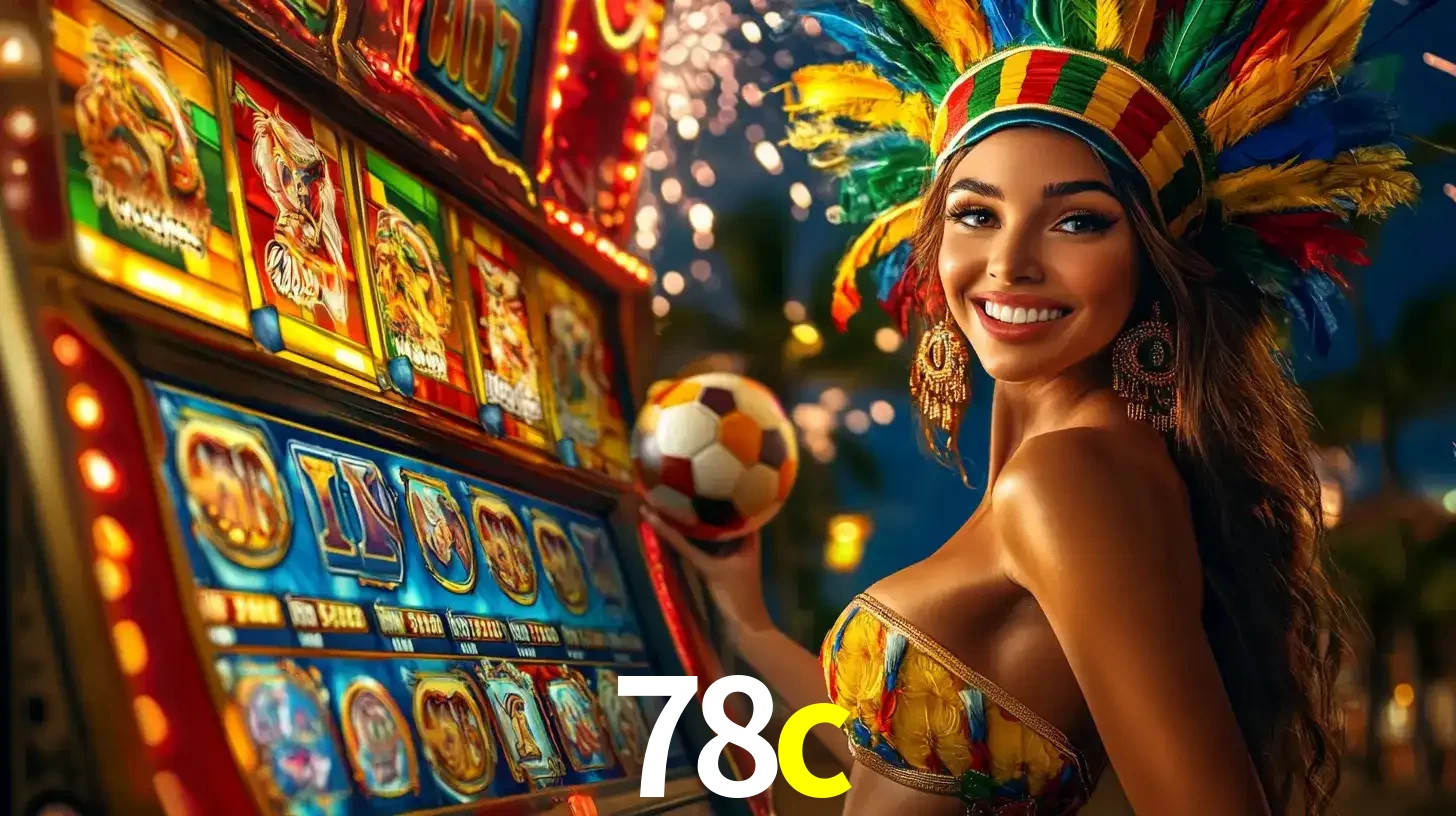 Mulher com um cocar de carnaval ao lado de uma máquina de caça-níqueis enquanto segura uma bola de futebol, mostrando a união da diversão de cassino e esportes no 78c.