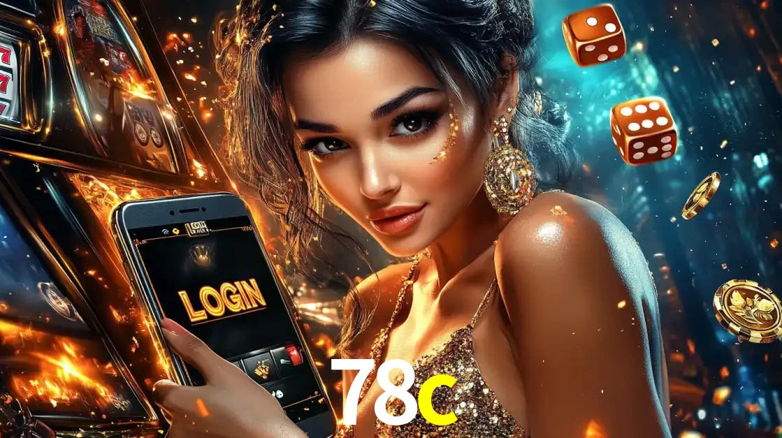Mulher glamourosa segurando um celular com a tela de login do cassino 78c, rodeada por dados e moedas douradas, pronta para começar a diversão.