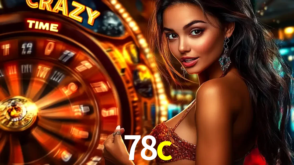 Mulher ao lado da roda de prêmios do jogo de cassino ao vivo Crazy Time, um dos shows de jogos mais emocionantes oferecidos pela plataforma de apostas 78c.