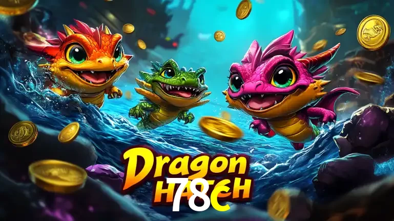 Arte promocional do jogo Dragon Hatch com três adoráveis dragões bebês nadando entre moedas de ouro, um dos slots mais divertidos para jogar no cassino 78c.