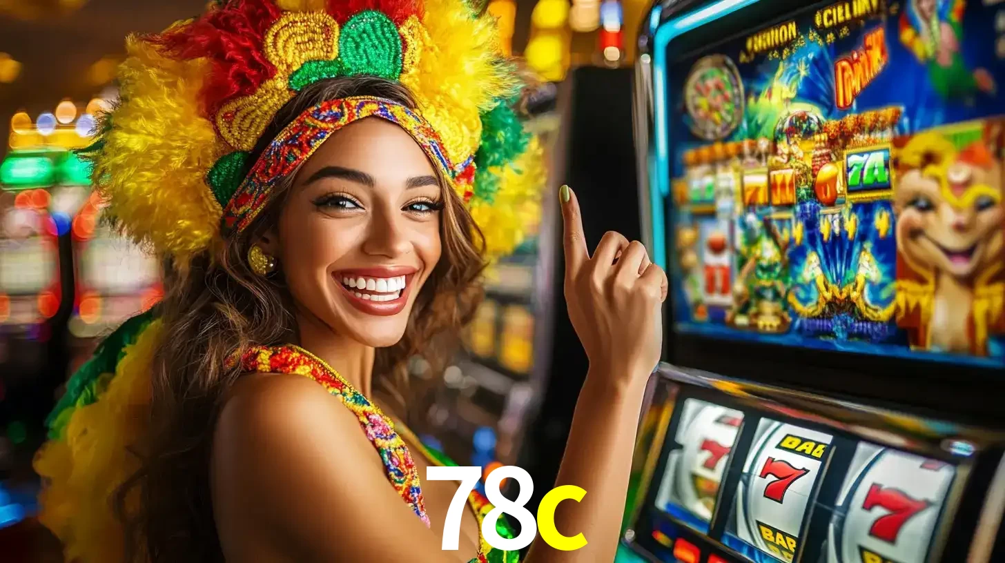 Mulher animada com um cocar de carnaval apontando para uma máquina de caça-níqueis, mostrando a emoção de ganhar um grande prêmio nos jogos do 78c.