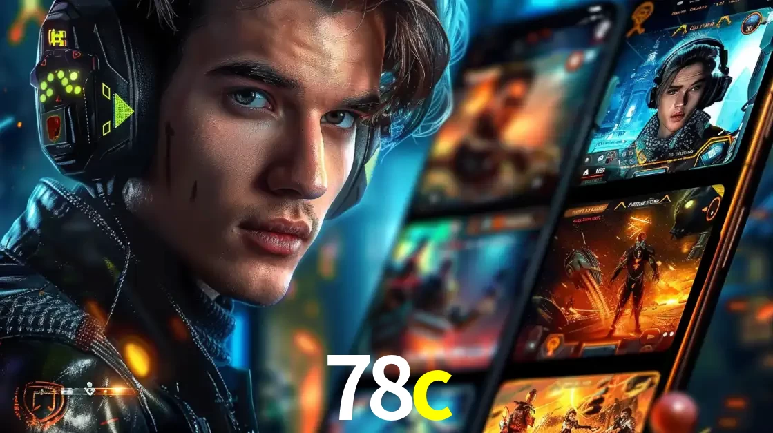 Jovem jogador com fones de ouvido olhando para a câmera, com um aplicativo de jogos e e-sports para celular ao fundo, pronto para a competição e apostas no 78c.