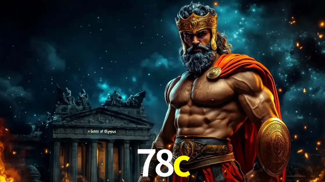 O poderoso Zeus do jogo de slot Gates of Olympus em frente ao seu templo, pronto para lançar multiplicadores divinos e prêmios épicos no cassino online 78c.