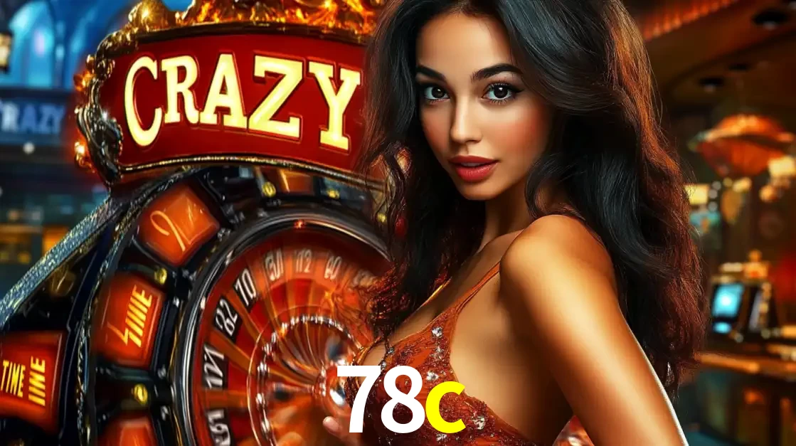 Mulher glamourosa olhando para a câmera com a roda vermelha do Crazy Time ao fundo em um ambiente de cassino, destacando a emoção dos jogos ao vivo no 78c.
