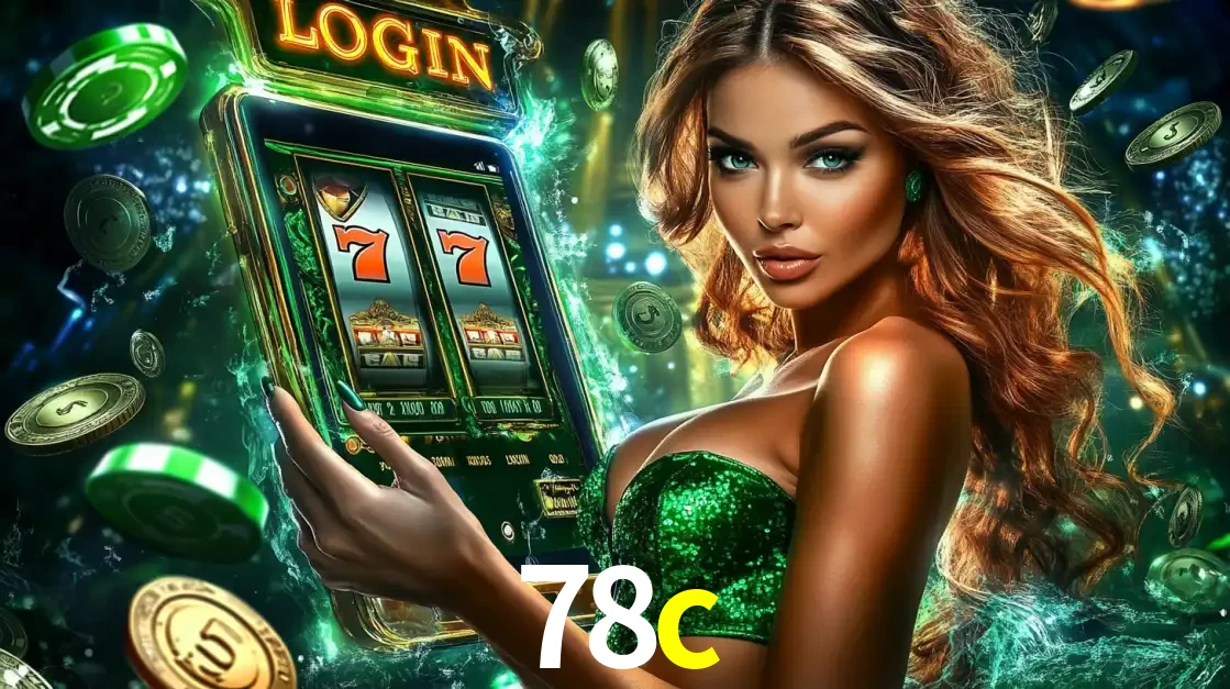 Mulher com tema verde apresentando o aplicativo do cassino 78c com um jogo de slot de 777, cercada por fichas de cassino e uma aura de sorte.