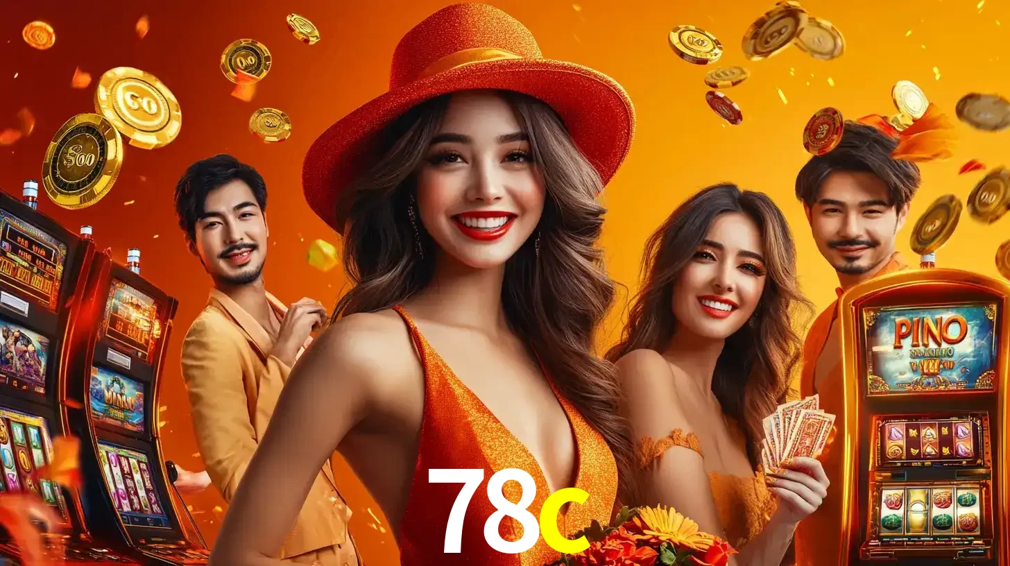 Grupo de amigos asiáticos sorrindo e se divertindo com máquinas de caça-níqueis em um ambiente festivo, celebrando suas vitórias nos jogos de cassino do 78c.