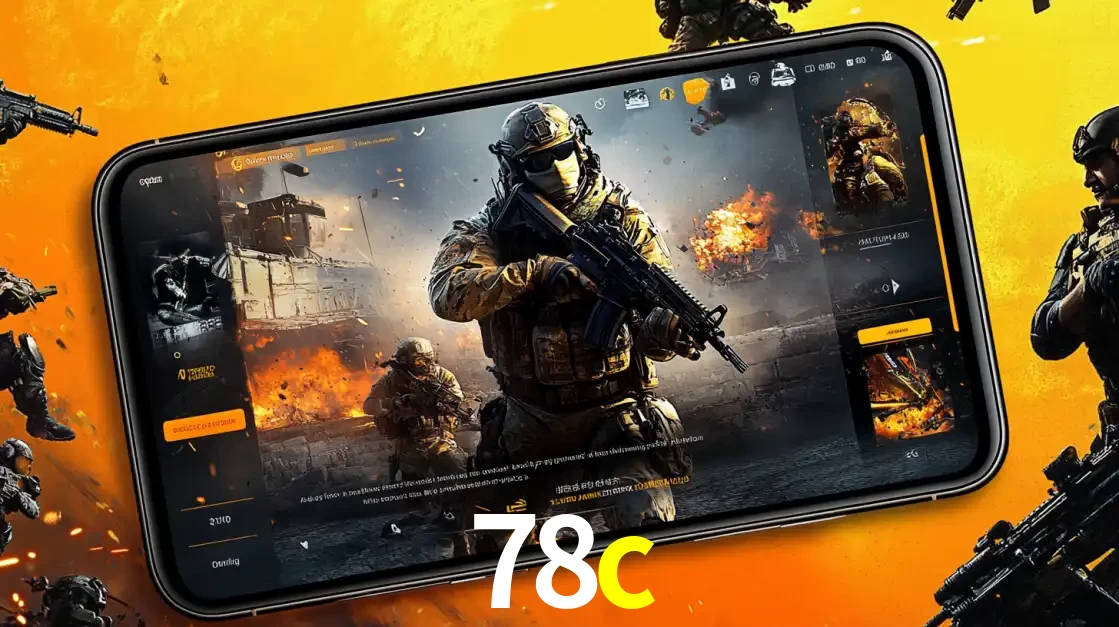 Um smartphone exibindo a interface de um jogo de tiro em primeira pessoa, com um soldado em um cenário de batalha, representando a ação dos e-sports para apostar no 78c.