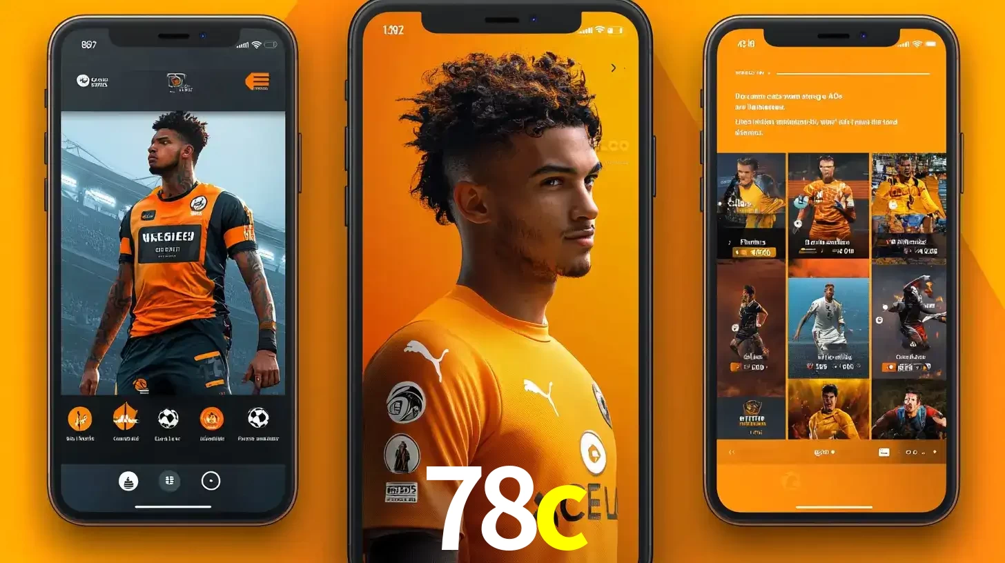 Interface do aplicativo de apostas esportivas 78c em três telas de celular, mostrando o perfil de um jogador de futebol e a lista de jogos disponíveis para apostar.