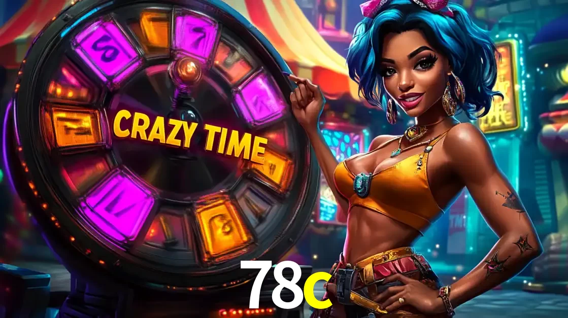 Mulher estilizada com cabelo azul e visual vibrante posando ao lado da roda de prêmios do game show Crazy Time, convidando para a diversão e os bônus do cassino 78c.