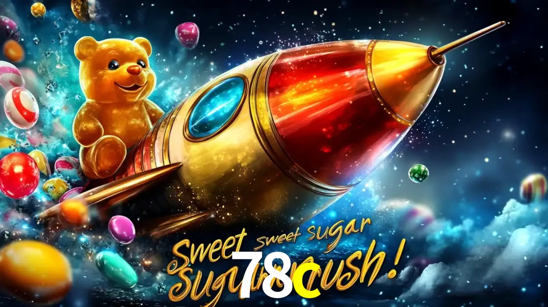 Arte promocional do jogo de slot Sugar Rush, com um urso de pelúcia em um foguete viajando pelo espaço de doces, um dos jogos divertidos disponíveis no cassino 78c.