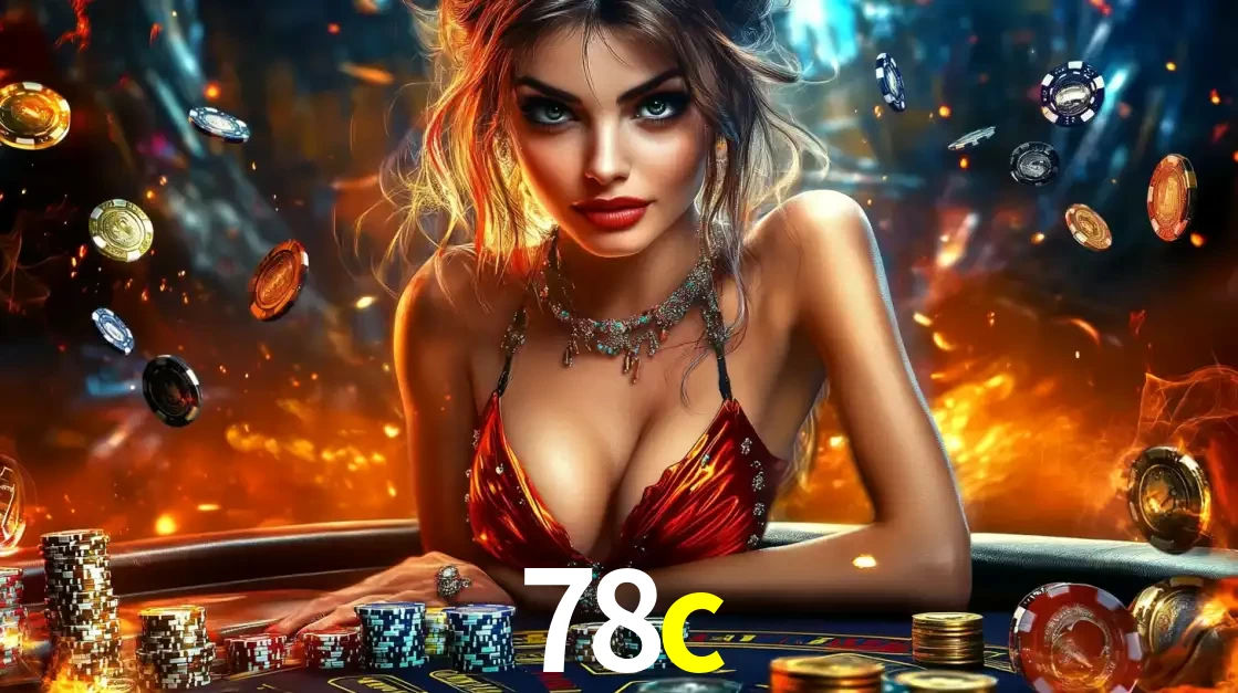 Mulher em uma mesa de cassino com pilhas de fichas e um fundo de fogo, pronta para uma rodada de altas apostas nos jogos de mesa emocionantes do cassino 78c.