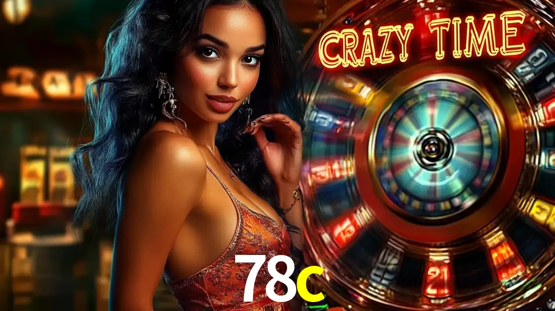 Mulher elegante ao lado da vibrante roda da fortuna do jogo de cassino ao vivo Crazy Time, um dos game shows mais populares e cheios de prêmios do 78c.