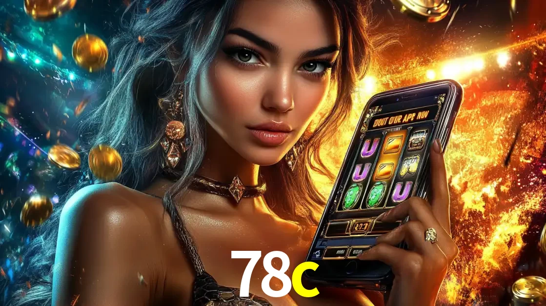 Mulher elegante mostrando um jogo de caça-níqueis em seu smartphone, destacando a experiência de cassino móvel oferecida pelo aplicativo 78c.