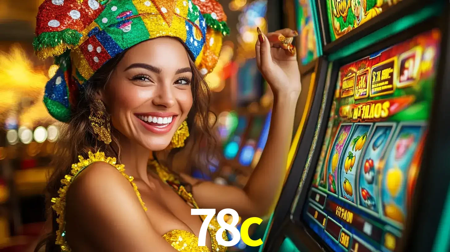 Mulher feliz com traje de carnaval amarelo e colorido ao lado de uma máquina de caça-níqueis, aproveitando a diversão e os jogos temáticos do cassino 78c.