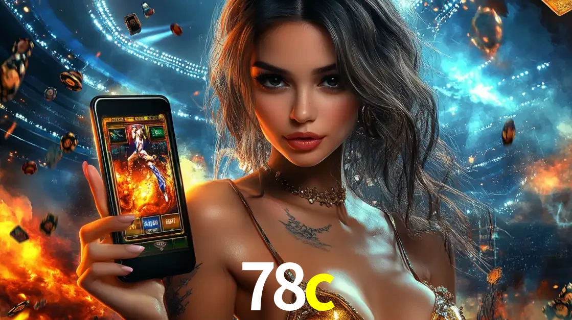 Mulher segurando um celular com um jogo de slot em destaque, tendo como fundo um estádio vibrante, simbolizando a emoção de jogar no cassino móvel 78c.
