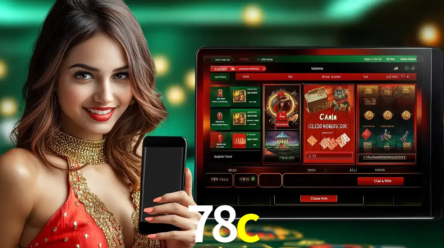 Mulher sorridente segurando um smartphone, ao lado de uma tela exibindo o lobby de jogos do cassino online 78c, com várias opções de jogos de cartas e slots.